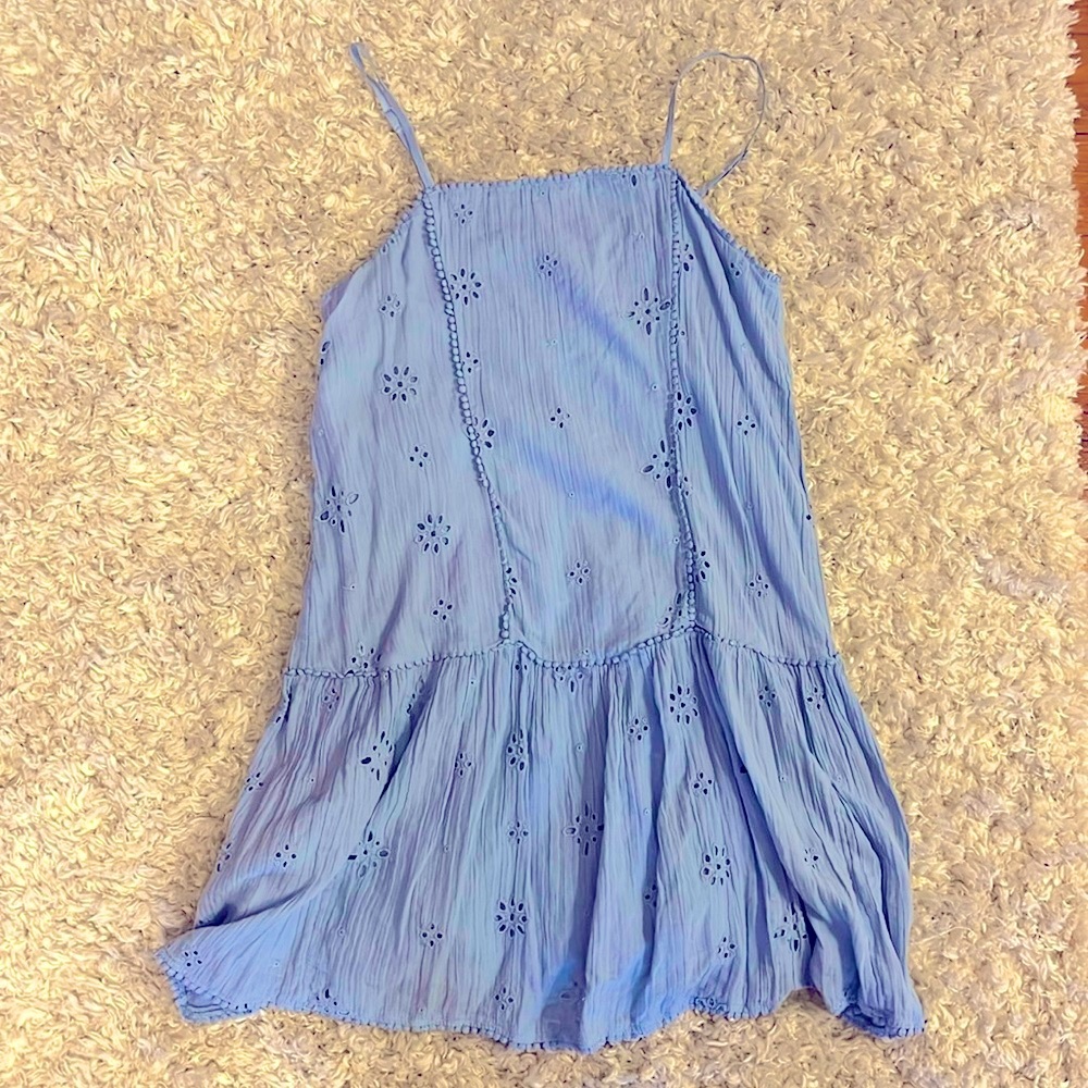 Short, flowy baby blue spaghetti strap dress